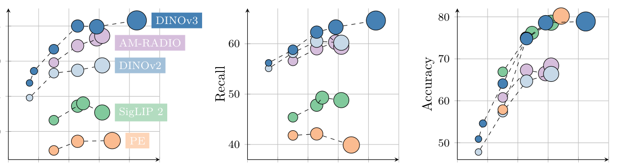 Fig.2：DINOv3 家族与 DINOv2 / SigLIP 2 / PE / AM-RADIO 的多基准气泡对比